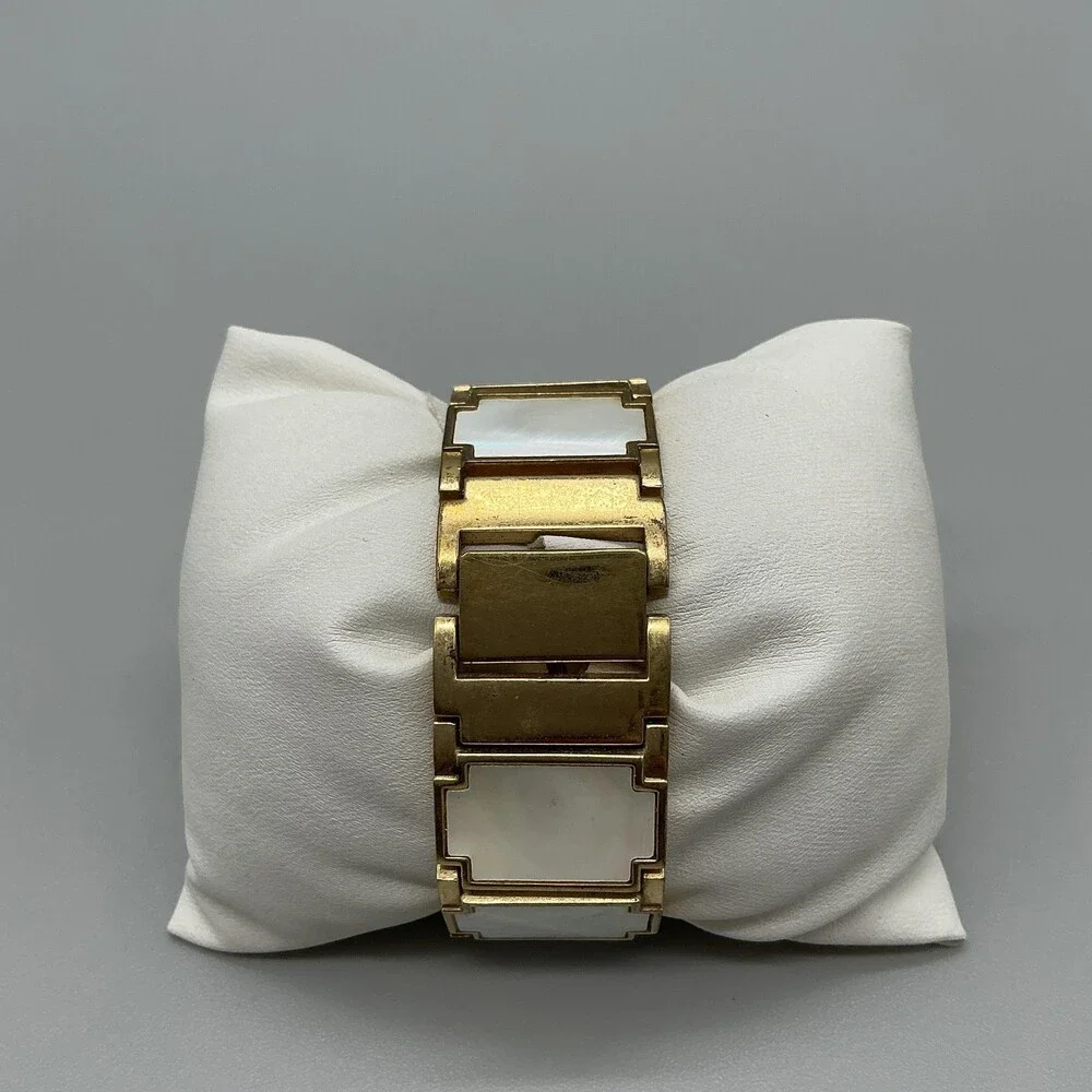 Mother of Pearl Inlay Band Womens Watch 22mm Gold Tone Square New Battery 6.5